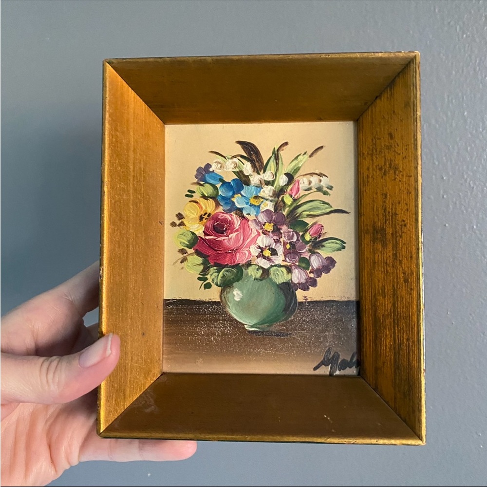 VTG Mini Painting Signed MALY Impressionist Oil Floral Still Life on Board Gold
